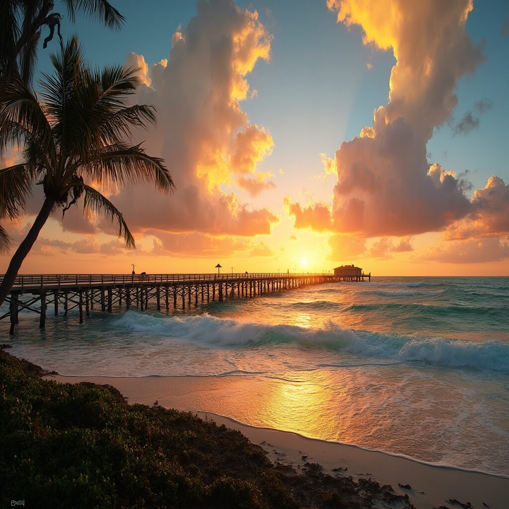West Palm Beach in May: Your Ultimate Tropical Playground Awaits! Dramatic sunset at Lake Worth Beach Pier with pier leading into turquoise waters, golden-orange light reflecting on waves, swaying palm trees, and vibrant sunset clouds