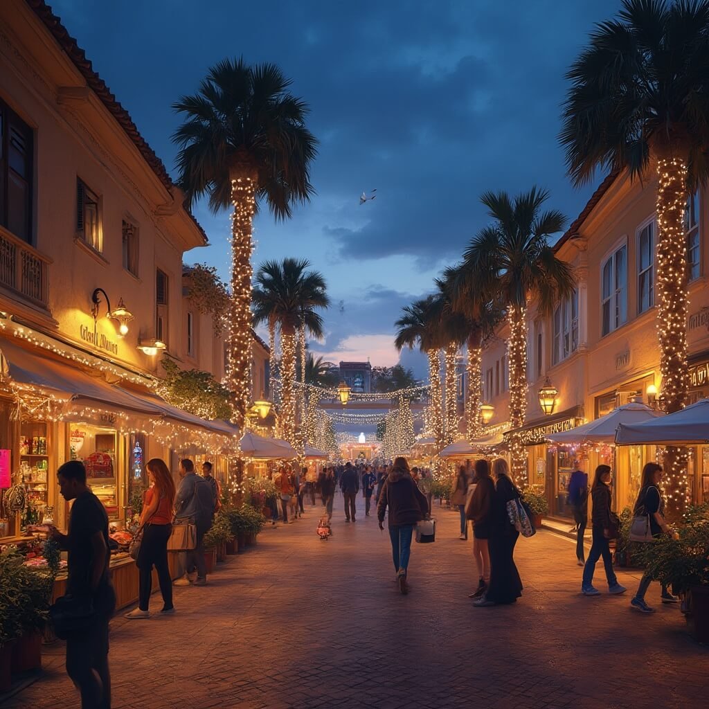 Lakeland in December: Your Ultimate Winter Wonderland Guide (Without the Snow!) Winter evening in downtown Lakeland, people browsing outdoor market, with historic buildings and palm trees adorned with twinkling lights, reflected in Lake Mirror