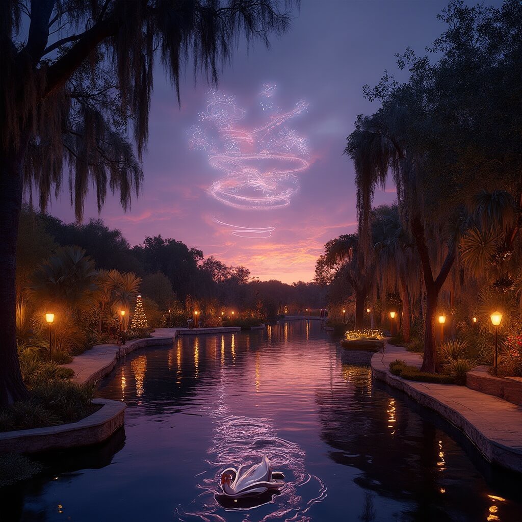 Lakeland in December: Your Ultimate Winter Wonderland Guide (Without the Snow!) Drones creating holiday light patterns over Lake Morton at dusk, with historic swans on the water, lamp posts illuminating the path, and Spanish moss-draped oaks surrounding the scenes of tropical plants and holiday décor.