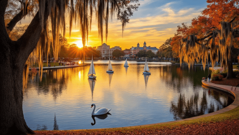 Lakeland's October: Your Ultimate Insider's Guide to Florida's Hidden Autumn Playground 🍂🌞 "Sunset over Lake Mirror in Lakeland, Florida with fall colors, local swan sculptures, sailboats, moss-draped oaks, and historic buildings in the background"