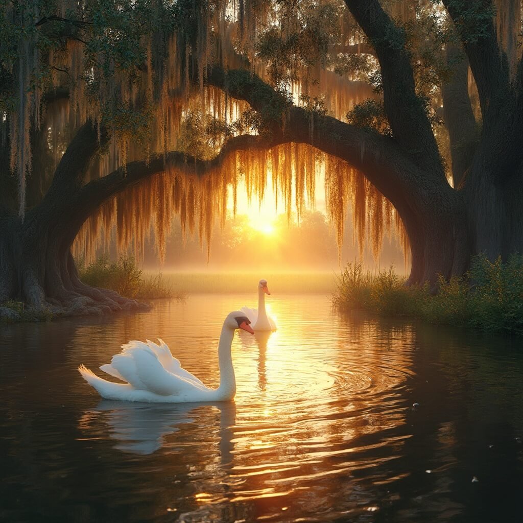 Lakeland in July: Your Scorching Guide to Florida's Hidden Summer Paradise Swans gliding on Lake Morton at sunset, surrounded by moss-draped oak trees in Lakeland, Florida