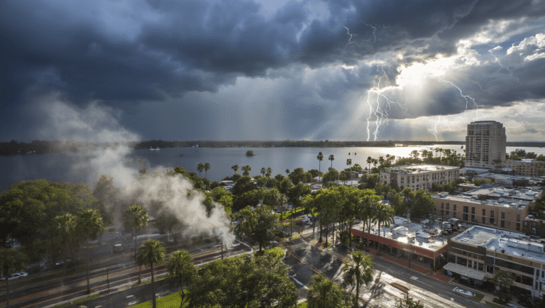 Lakeland in August: The Sizzling Truth About Florida's Most Intense Month "Dramatic panoramic view of downtown Lakeland, Florida with dark storm clouds looming over Lake Morton, lightning strikes in the background, palm trees swaying in humid 91°F conditions, and water droplets on camera lens."