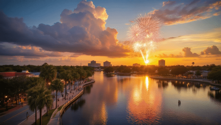 Lakeland in July: Your Scorching Guide to Florida's Hidden Summer Paradise "Spectacular sunset over downtown Lakeland with Lake Mirror in the foreground reflecting golden light, palm trees swaying, heat waves rising from pavement, thunder clouds looming in the distance, people enjoying lakeside activities, and fireworks over the city skyline."