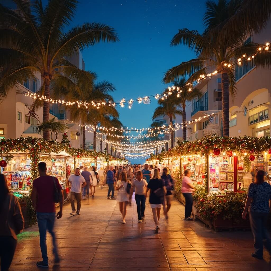 Holiday market bustling with shoppers on Lincoln Road, illuminated by string lights and adorned with festive decorations, surrounded by modern architecture, art galleries, and outdoor dining spaces under a starry sky.