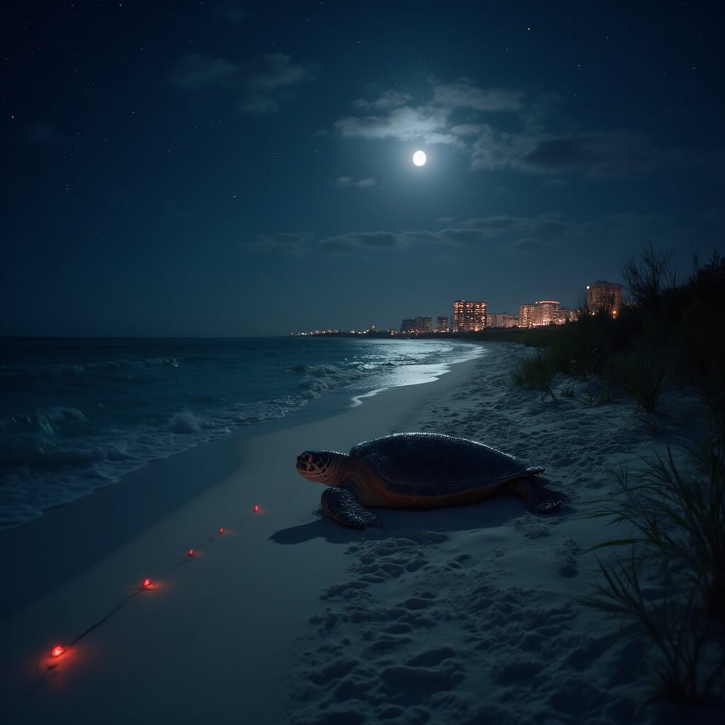 Scorching Secrets: Why Sarasota in June Will Blow Your Mind (Literally and Figuratively) Loggerhead turtle nesting on Sarasota beach under moonlight, red lights marking turtle patrol path, dune vegetation silhouetted against a starry sky and a cityscape with amber lighting in the distance.