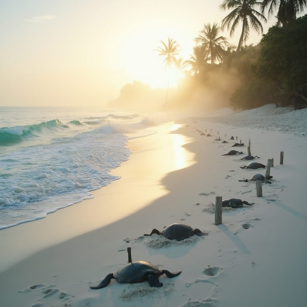 Scorching Secrets: Why Sarasota in July Will Melt Your Vacation Expectations (Literally) Early morning sunrise illuminating a serene beach with sea turtle tracks, loggerhead turtle nests, gentle waves, and swaying palm trees