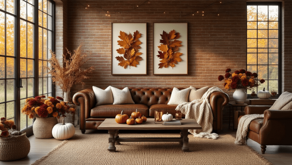 A luxurious autumn living room featuring a brown leather Chesterfield sofa with neutral sweater pumpkins and chunky knit throws, an exposed brick wall with pressed leaves, a jute rug under a reclaimed wood coffee table with copper candleholders and white pumpkin vases, fairy lights framing floor-to-ceiling windows, all bathed in warm golden hour light.