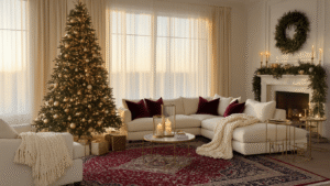 Transforming Your Home into a Festive Wonderland: The Ultimate Christmas Decor Guide A luxurious living room at golden hour featuring a majestic Christmas tree with vintage ornaments, a cream sectional sofa, aged brass side tables with candles, and a traditional Persian rug, all illuminated by natural sunlight streaming through gauzy curtains.