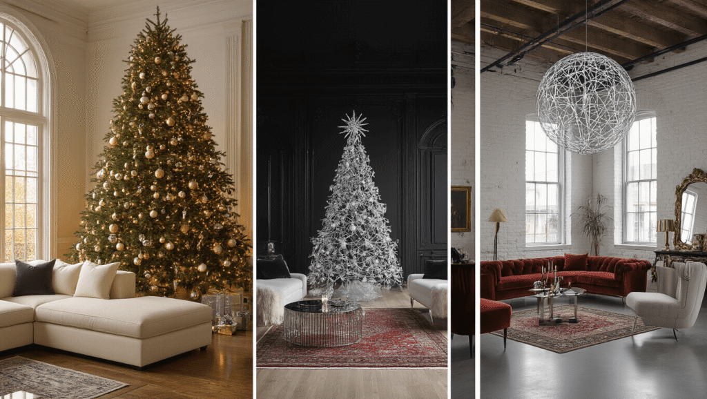 A compilation of luxurious Christmas interiors featuring a golden hour living room with a Fraser fir, a minimalist midnight scene with a wire-frame LED tree, a Victorian parlor with a crystal-adorned tree, a modern industrial loft with a metallic sphere installation, a Scandinavian breakfast room with a minimalist black tree, and a cozy cabin great room with a fresh pine tree, all captured in ultra-high resolution.