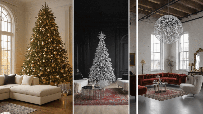 Magical Christmas Tree Wallpapers: Your Ultimate Guide to Festive Digital Backgrounds A compilation of luxurious Christmas interiors featuring a golden hour living room with a Fraser fir, a minimalist midnight scene with a wire-frame LED tree, a Victorian parlor with a crystal-adorned tree, a modern industrial loft with a metallic sphere installation, a Scandinavian breakfast room with a minimalist black tree, and a cozy cabin great room with a fresh pine tree, all captured in ultra-high resolution.
