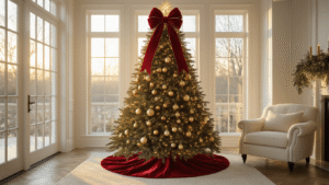Cinematic wide-angle shot of a luxurious living room at golden hour featuring a 9-foot Fraser fir Christmas tree adorned with a red velvet bow and vintage glass ornaments, illuminated by warm white lights, with sunlight streaming through floor-to-ceiling windows.
