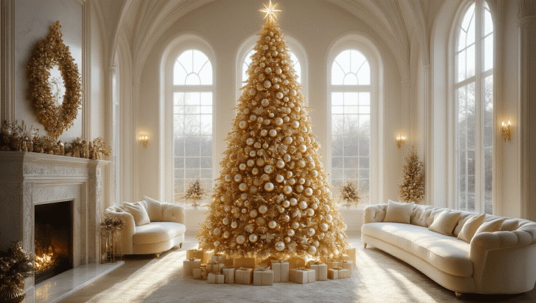 Glamorous Gold Christmas Tree: Your Ultimate Styling Guide A luxurious living room with a 9-foot metallic gold Christmas tree adorned with champagne and pearl ornaments, illuminated by warm afternoon sunlight and cool white LED uplighting, featuring plush cream velvet furniture and a marble fireplace with gold accents.