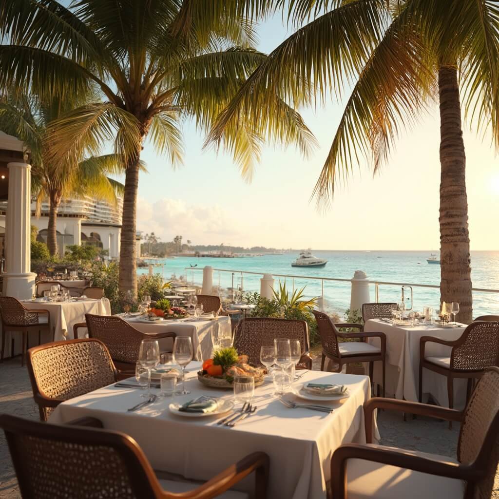 West Palm Beach in November: Your Ultimate Escape from Winter's First Bite Elegant outdoor dining on a waterfront terrace in West Palm Beach during golden hour, showcasing white tablecloths, fresh seafood plates, and swaying palm trees, overlooking calm turquoise waters