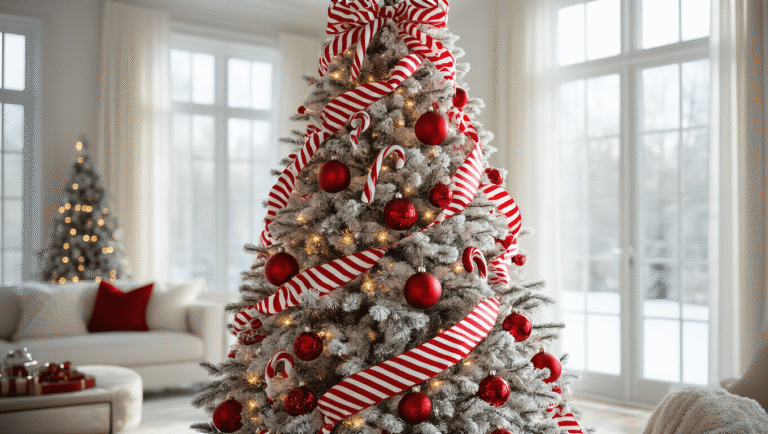 Magical Candy Cane Christmas Tree: Your Ultimate Festive Styling Guide Photorealistic wide-angle image of a majestic 9ft flocked Christmas tree in a bright living room, adorned with red and white ribbons, glossy baubles, and oversized candy cane ornaments, illuminated by warm LED lights and natural winter sunlight.