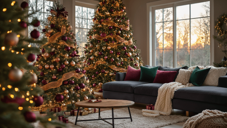 Cinematic wide-angle shot of a luxuriously decorated Christmas living room featuring a 7-foot artificial tree with glass ornaments, rich velvet ribbons, fairy lights, a plush sectional sofa with knitted throws, vintage decor on a coffee table, and natural greenery garlands on a rustic mantel, all captured during golden hour.