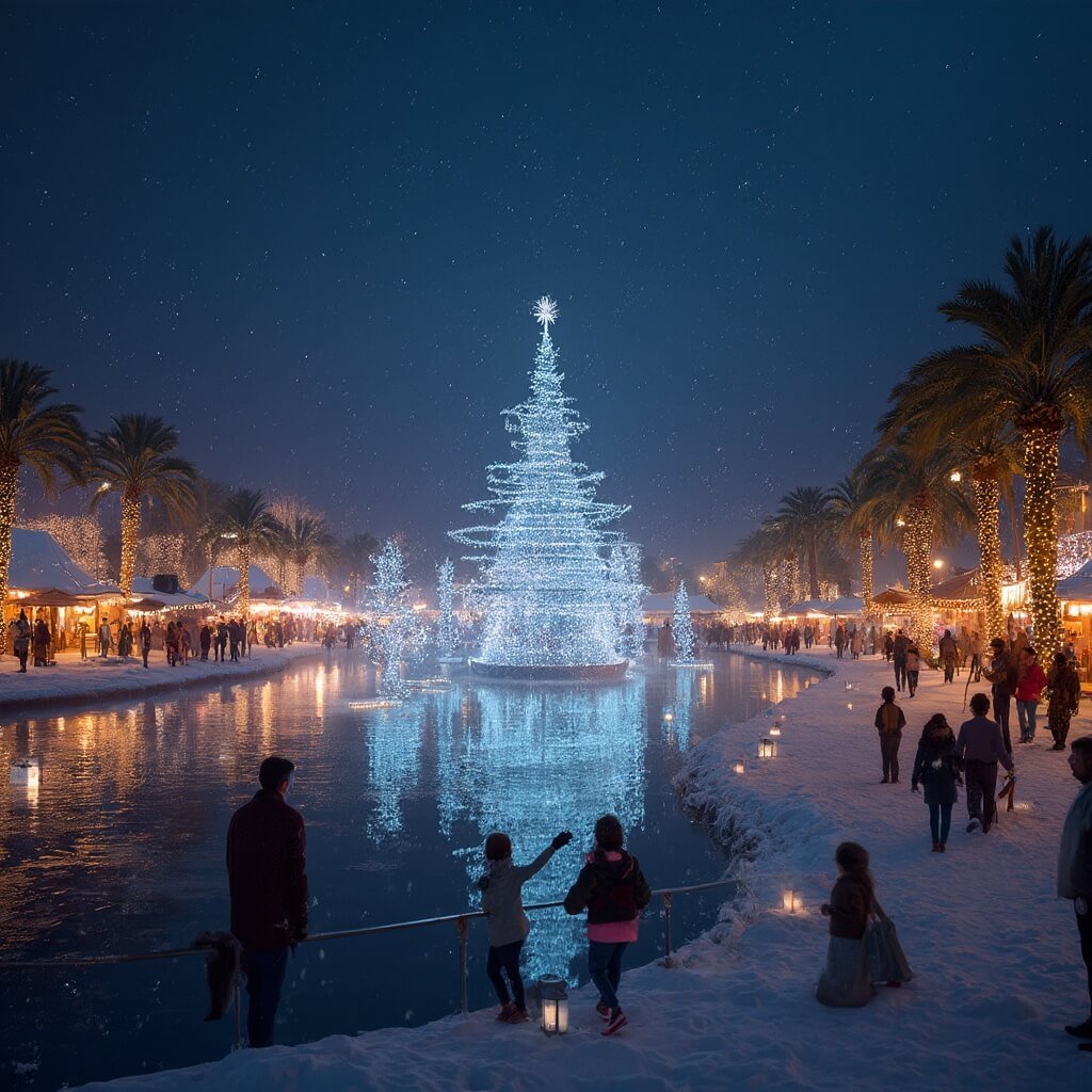 Lakeland in December: Your Ultimate Winter Wonderland Guide (Without the Snow!) Families in winter clothing enjoying a magical holiday event at Lake Mirror with artificial snow, festive market stalls, sparkling lights reflecting on water, palm trees against the night sky, and warm ambient lighting.