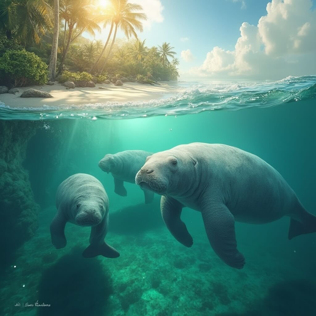 West Palm Beach in November: Your Ultimate Escape from Winter's First Bite Manatees swimming near tropical Florida coastline with lush greenery, clear turquoise water, golden afternoon sunlight, gentle waves, and marine ecosystem