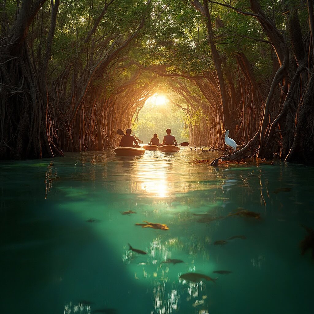 Why West Palm Beach in April Will Blow Your Mind: The Ultimate Traveler's Guide Kayakers exploring mangrove tunnel at sunset with visible fish and a white ibis in a Florida ecosystem