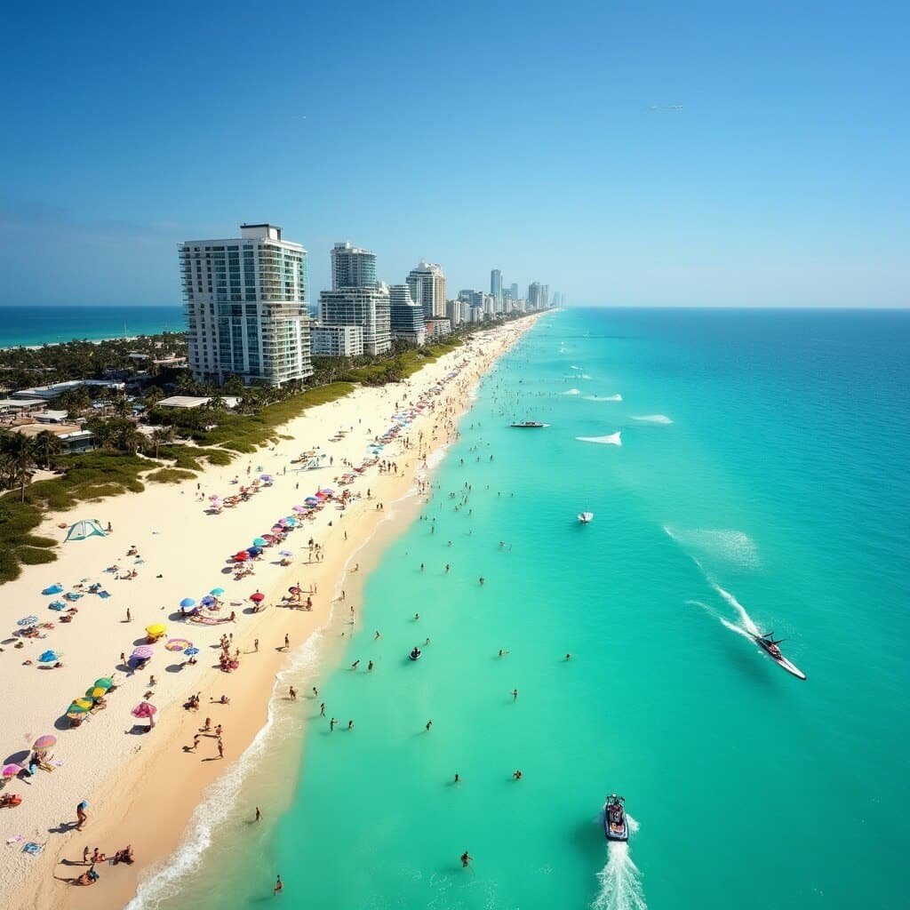 Aerial view of South Beach Miami showcasing people enjoying water sports and beach activities in perfect weather conditions.