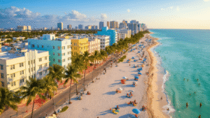 Why South Beach in April is Your Ultimate Escape: Insider's Guide "Aerial drone view of South Beach Miami showcasing the iconic Art Deco buildings, turquoise ocean, white sandy beaches with colorful umbrellas, palm-lined streets, and people enjoying the beachfront promenade in the perfect 80-degree spring break weather"