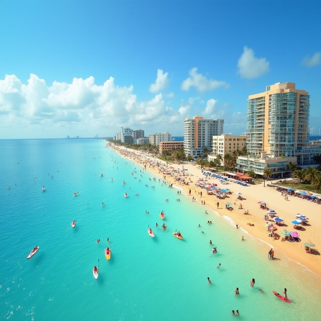 Panoramic view of South Beach in January showing people paddleboarding and relaxing on the golden sand, colorful beach umbrellas, palm trees, and pastel art deco buildings against a vibrant blue sky.