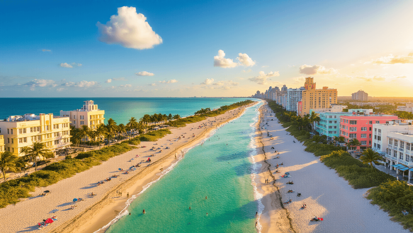 "Aerial view of South Beach Miami in September showcasing spacious sandy beaches, turquoise ocean waters, Ocean Drive's art deco hotels with discounted rates, and the Art Deco Historic District under a blue sky with scattered clouds."