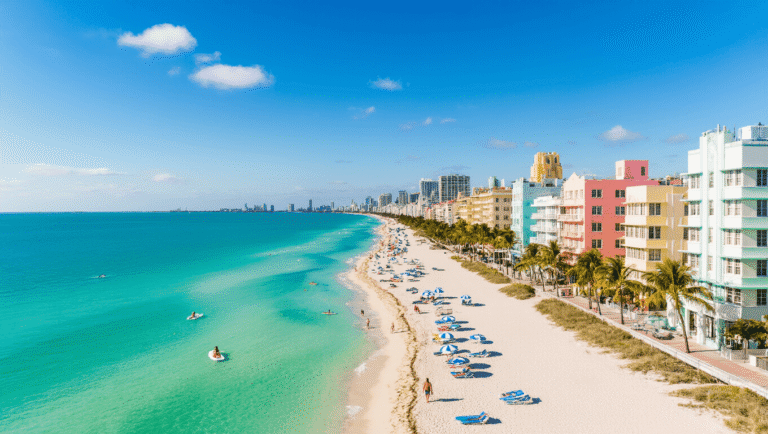Why March in South Beach is Your Ultimate Tropical Escape (Without the Crowds!) "Aerial view of South Beach Miami in March, featuring pastel Art Deco buildings, beach umbrellas, loungers, paddleboarders, jet skiers, palm trees, the Versace Mansion, and the South Pointe Park pier in early spring sunlight."