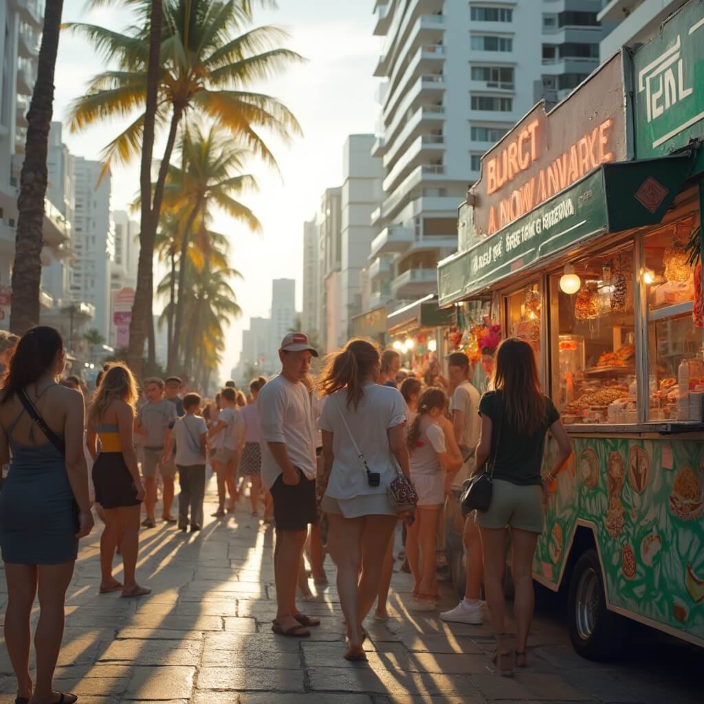 Diverse young travelers at a bustling food truck area near Lincoln Road, enjoying the colorful street food displays in a tropical urban setting with modern Miami architecture, under warm natural lighting, representing the blend of energy and culinary diversity.