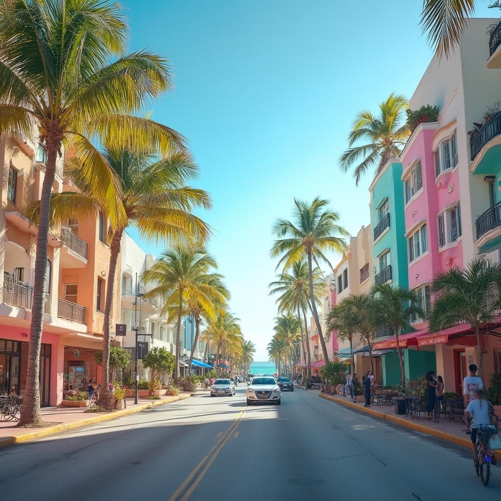 Sunlit Ocean Drive in South Beach Miami with Art Deco pastel colored buildings, palm trees and pedestrians, blue sky and distant turquoise ocean view