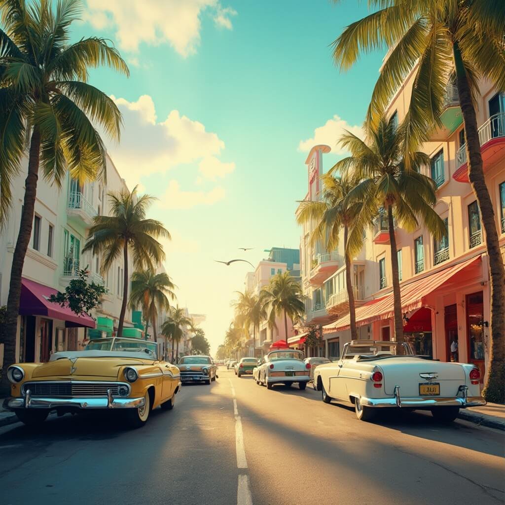 Why March in South Beach is Your Ultimate Tropical Escape (Without the Crowds!) Sunlit Ocean Drive in Miami featuring pastel Art Deco buildings, vintage convertible cars, and palm trees under a clear blue sky