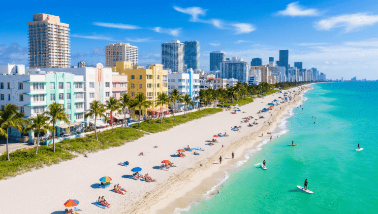 Why South Beach in January is Your Perfect Winter Escape "Aerial view of South Beach, Miami in January with colorful art deco buildings, white sand beach, turquoise waters, paddleboarders, rollerbladers, and modern skyline in the background"