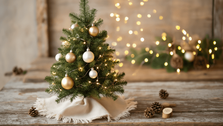 Festive Magic in Miniature: How to Style the Perfect Mini Christmas Tree A close-up of a mini Christmas tree styled with champagne gold and pearl white ornaments, fairy lights, and wooden decorations on a rustic wooden surface, illuminated by warm golden hour light.