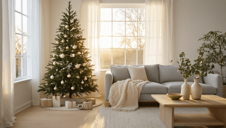 Simple Christmas Décor: Creating a Cozy, Minimalist Holiday Haven A serene minimalist living room at golden hour featuring a slim pre-lit Christmas tree in a window nook, warm sunlight filtering through sheer curtains, a plush gray linen sofa with a cream throw, and ceramic vases with eucalyptus on a blonde wood coffee table.