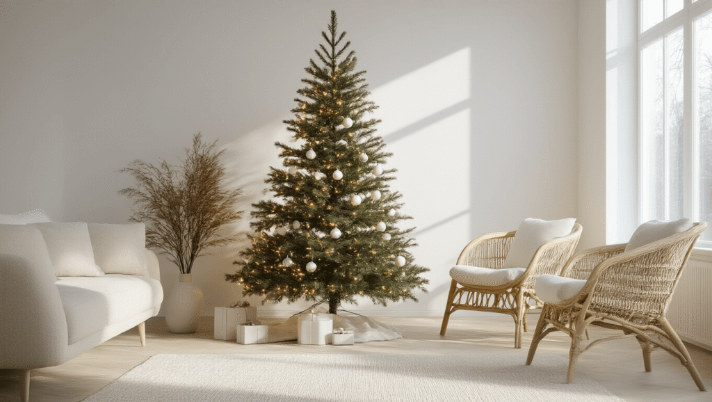 Creating a Magical Minimalist Christmas Tree: Your Ultimate Guide to Simple, Stunning Holiday Decor A serene Scandinavian living room with a slim minimalist Christmas tree adorned with warm white LED lights and clear glass ornaments, featuring natural elements like wooden beads and white ceramic baubles, complemented by a cream boucle sofa and woven rattan chair, all bathed in soft winter morning light through floor-to-ceiling windows.