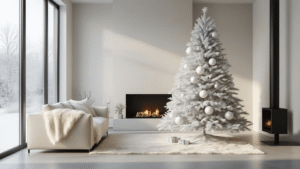 Minimalist Christmas Tree: A Modern Approach to Holiday Decor A modern Scandinavian living room featuring a minimalist white Christmas tree adorned with silver baubles, soft afternoon light illuminating polished concrete floors and a cream linen sofa.