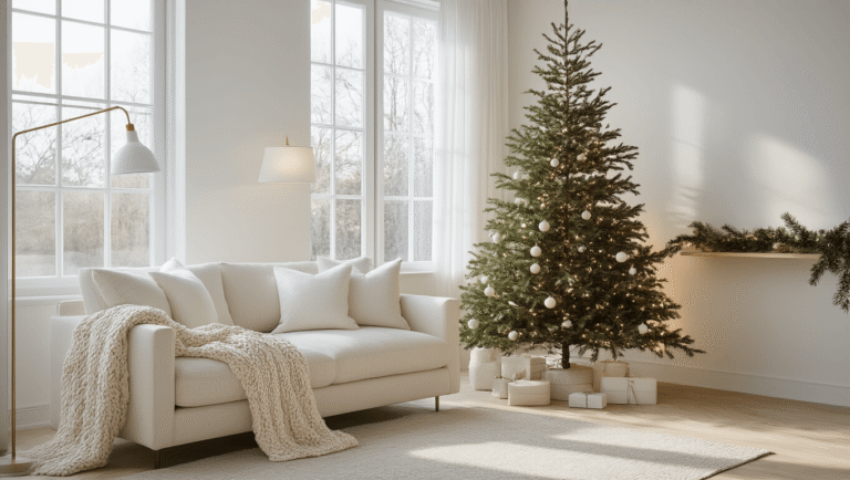 Minimalist Christmas Decor: Create a Serene Holiday Sanctuary A serene minimalist Scandinavian living room featuring a sparse Christmas tree with warm lights, a cream linen sofa with a chunky knit throw, and pale oak hardwood floors, illuminated by soft morning light through large windows.