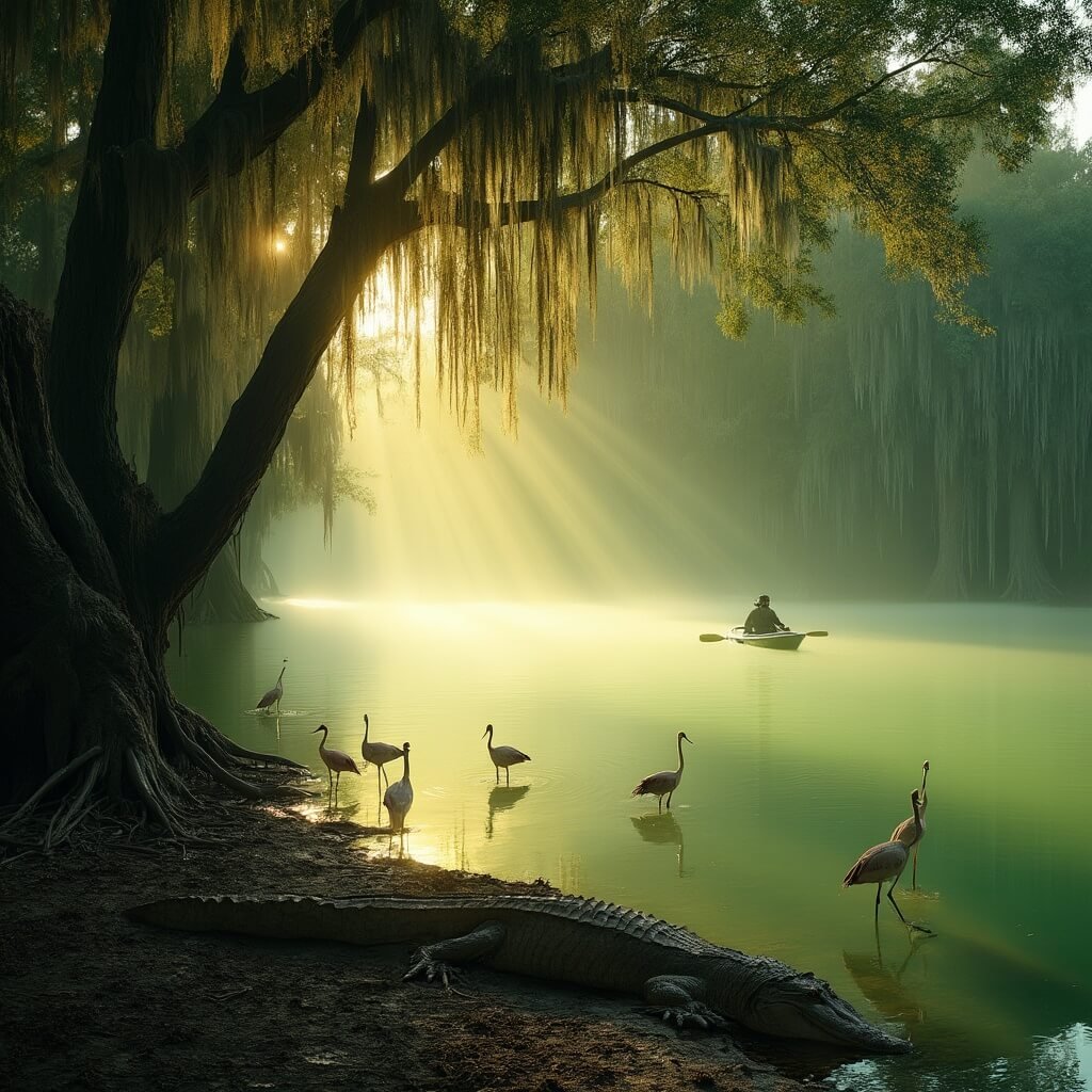 Sarasota in September: Your Ultimate Insider's Guide to Sun, Fun, and Hidden Gems Lone kayaker on misty emerald waterway at Myakka River State Park in early morning, with alligator basking in foreground and roseate spoonbills wading, Spanish moss creating rays of sunrise light.
