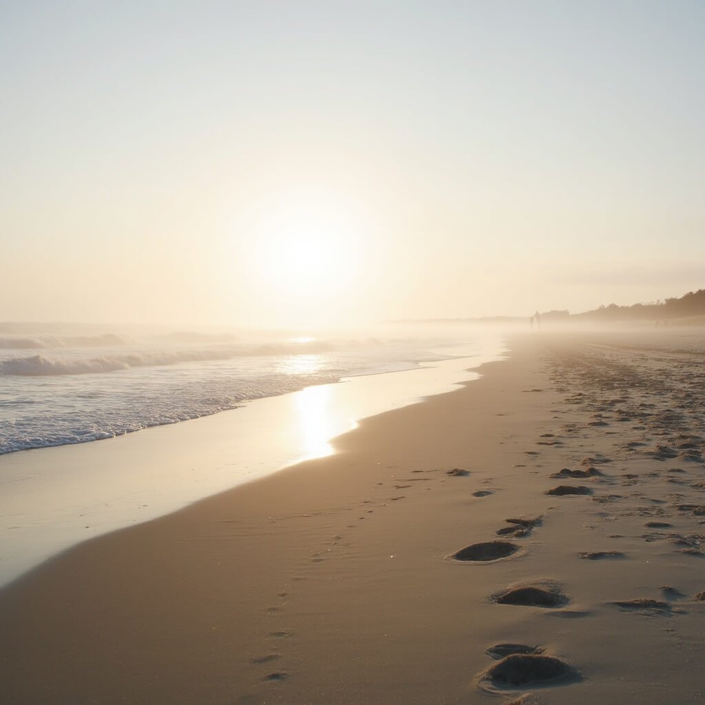 Footprints leading to the water's edge on a serene and empty Jacksonville Beach, bathed in soft winter sunlight, with a faint mist over the sea.