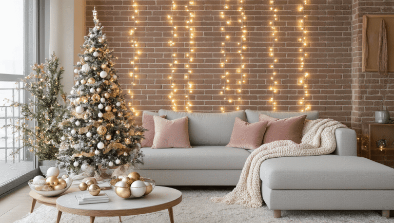 Cinematic wide-angle shot of a cozy modern apartment living room decorated for Christmas, featuring a slender tree with white and gold ornaments, a light gray sectional sofa with blush pillows, warm string lights on an exposed brick wall, and layered ornaments on a marble coffee table, all bathed in soft afternoon sunlight.
