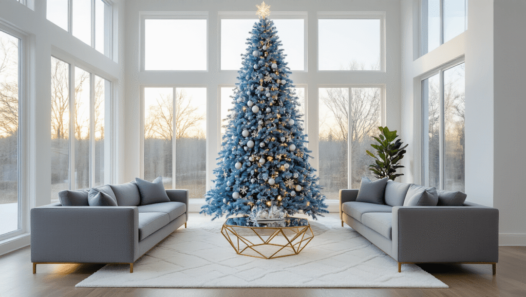 Blue Christmas Tree: A Modern Twist on Holiday Decor Photorealistic interior shot of a grand living room featuring a 7.5-foot icy blue Christmas tree adorned with silver ornaments and warm white lights, surrounded by modern furniture and airy minimalist decor.