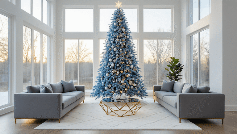 Blue Christmas Tree: A Modern Twist on Holiday Decor Photorealistic interior shot of a grand living room featuring a 7.5-foot icy blue Christmas tree adorned with silver ornaments and warm white lights, surrounded by modern furniture and airy minimalist decor.