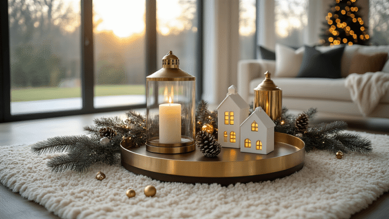 Creating a Magical Christmas Coffee Table Display: Your Ultimate Styling Guide A photorealistic image of a modern living room featuring a dark walnut coffee table adorned with a brass tray, a glass hurricane lantern with an LED candle, fresh pine branches, mercury glass ornaments, and vintage brass candlesticks, all illuminated by warm afternoon sunlight streaming through floor-to-ceiling windows.