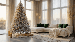 A luxurious modern living room featuring a flocked Christmas tree with gold and crystal ornaments, a cream sectional sofa, and polished concrete floors, illuminated by warm golden hour light streaming through floor-to-ceiling windows.