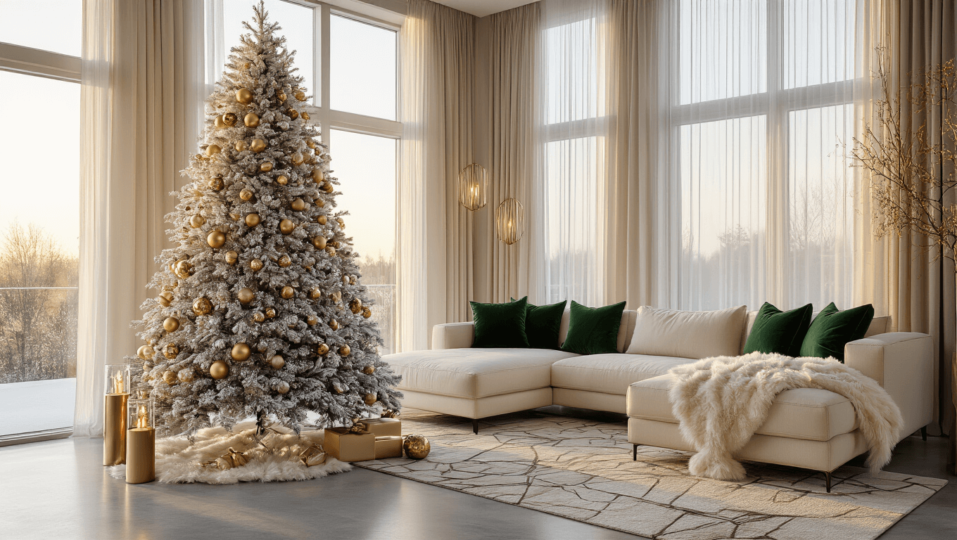 A luxurious modern living room featuring a flocked Christmas tree with gold and crystal ornaments, a cream sectional sofa, and polished concrete floors, illuminated by warm golden hour light streaming through floor-to-ceiling windows.