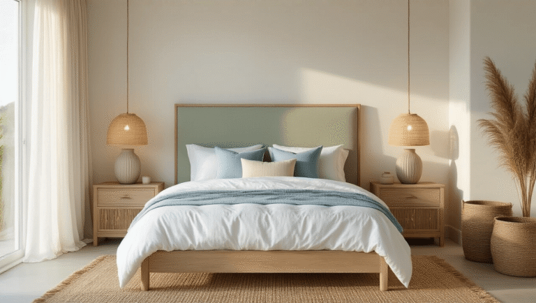 Creating a Modern Coastal Master Bedroom: Your Ultimate Styling Guide Cinematic wide-angle view of a serene modern coastal master bedroom with a light oak platform bed, layered linen bedding, and weathered driftwood nightstands, illuminated by golden hour light. Features a natural jute rug, rattan furniture, and decorative accents in soft oceanic blues and sandy beiges, creating a tranquil and elegant atmosphere.