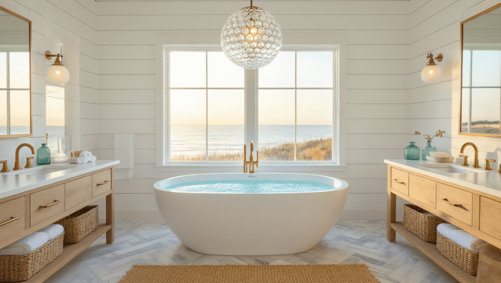 Photorealistic image of a luxurious modern coastal bathroom during golden hour, featuring a freestanding white soaking tub, light wood double vanity, and sea glass accents, with warm natural light illuminating the serene space.