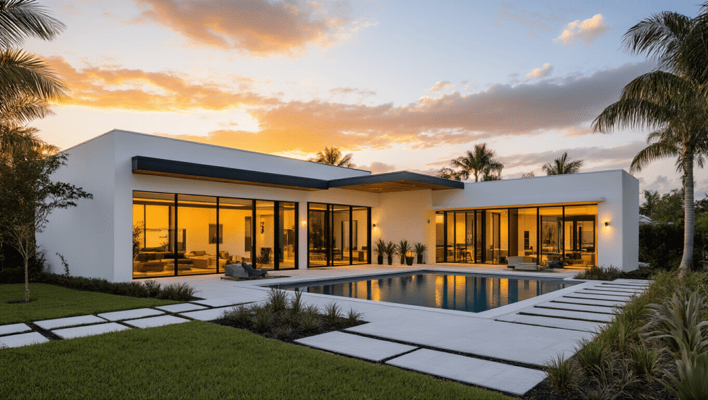 Modern Florida Home Exterior: A Stunning Design Guide for 2025 A contemporary Florida home at sunset with a white stucco exterior, flat roof solar panels, floor-to-ceiling windows reflecting warm light, dark metal accents, and teak wood details, surrounded by minimal landscaping and featuring an infinity pool.