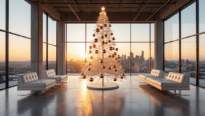 Modern Christmas Tree: A Stylish Guide to Contemporary Holiday Decor An expansive modern loft living room at golden hour featuring a minimalist acrylic Christmas tree adorned with rose gold and chrome geometric ornaments, illuminated by smart LED strips, with polished concrete floors and floor-to-ceiling windows casting warm sunset light and long shadows.