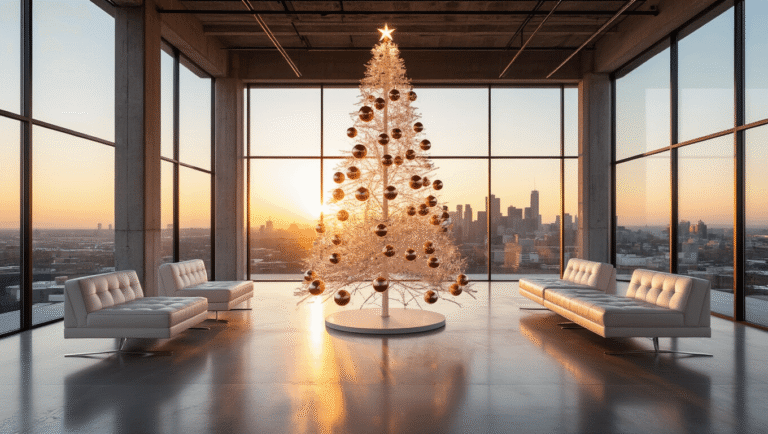 Modern Christmas Tree: A Stylish Guide to Contemporary Holiday Decor An expansive modern loft living room at golden hour featuring a minimalist acrylic Christmas tree adorned with rose gold and chrome geometric ornaments, illuminated by smart LED strips, with polished concrete floors and floor-to-ceiling windows casting warm sunset light and long shadows.