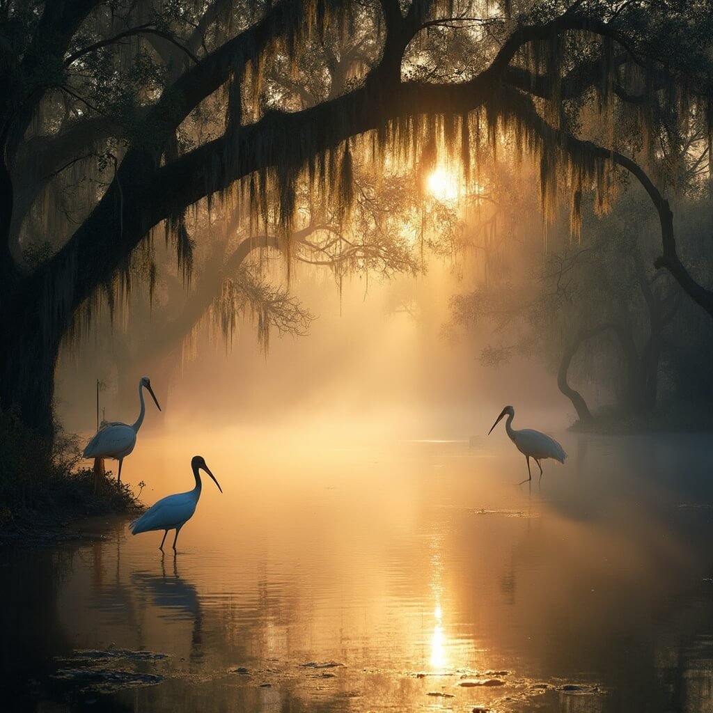 Sarasota in April: Your Ultimate Gulf Coast Paradise Revealed Roseate spoonbill wading in a misty river at sunrise with wood storks and herons perched on moss-draped oak trees at Myakka River State Park